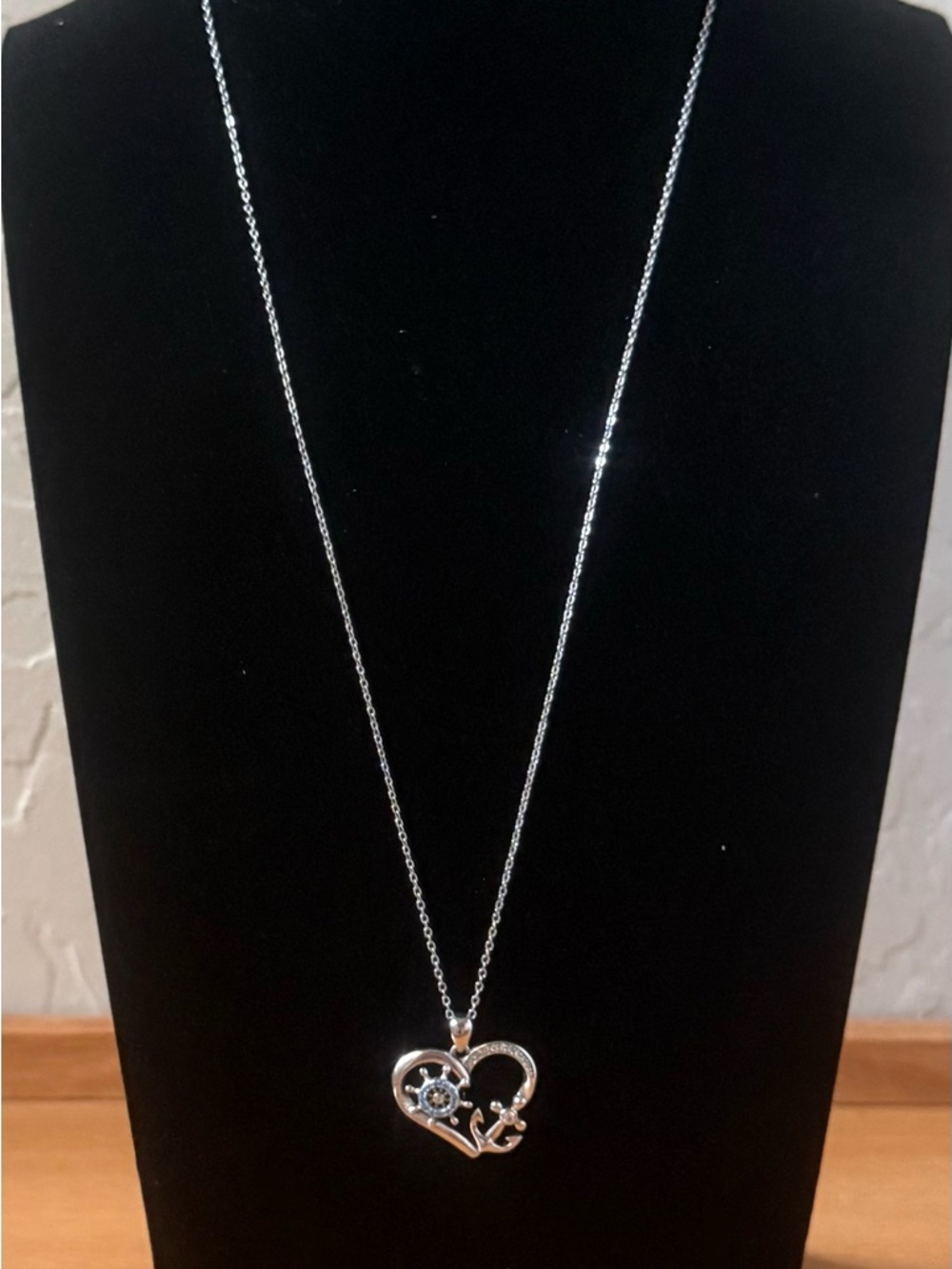 Silver Tone Heart Pendant Necklace – 18” + 2” Extender | Floral Crystal Detail
